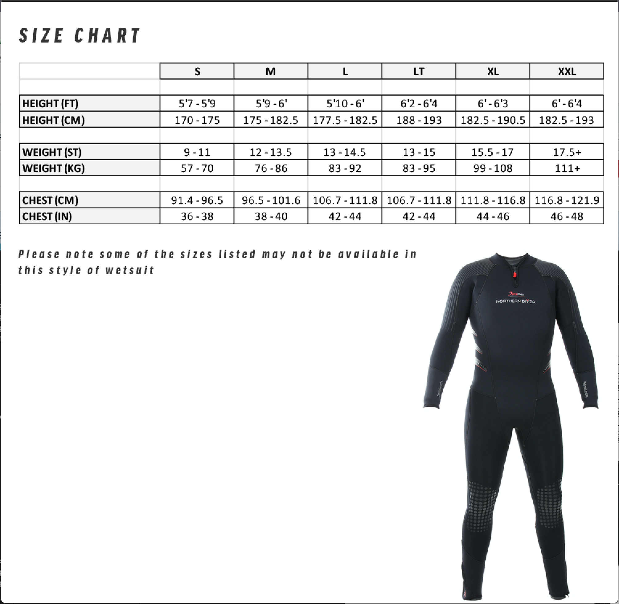 Semi Tech Wetsuit Size Chart