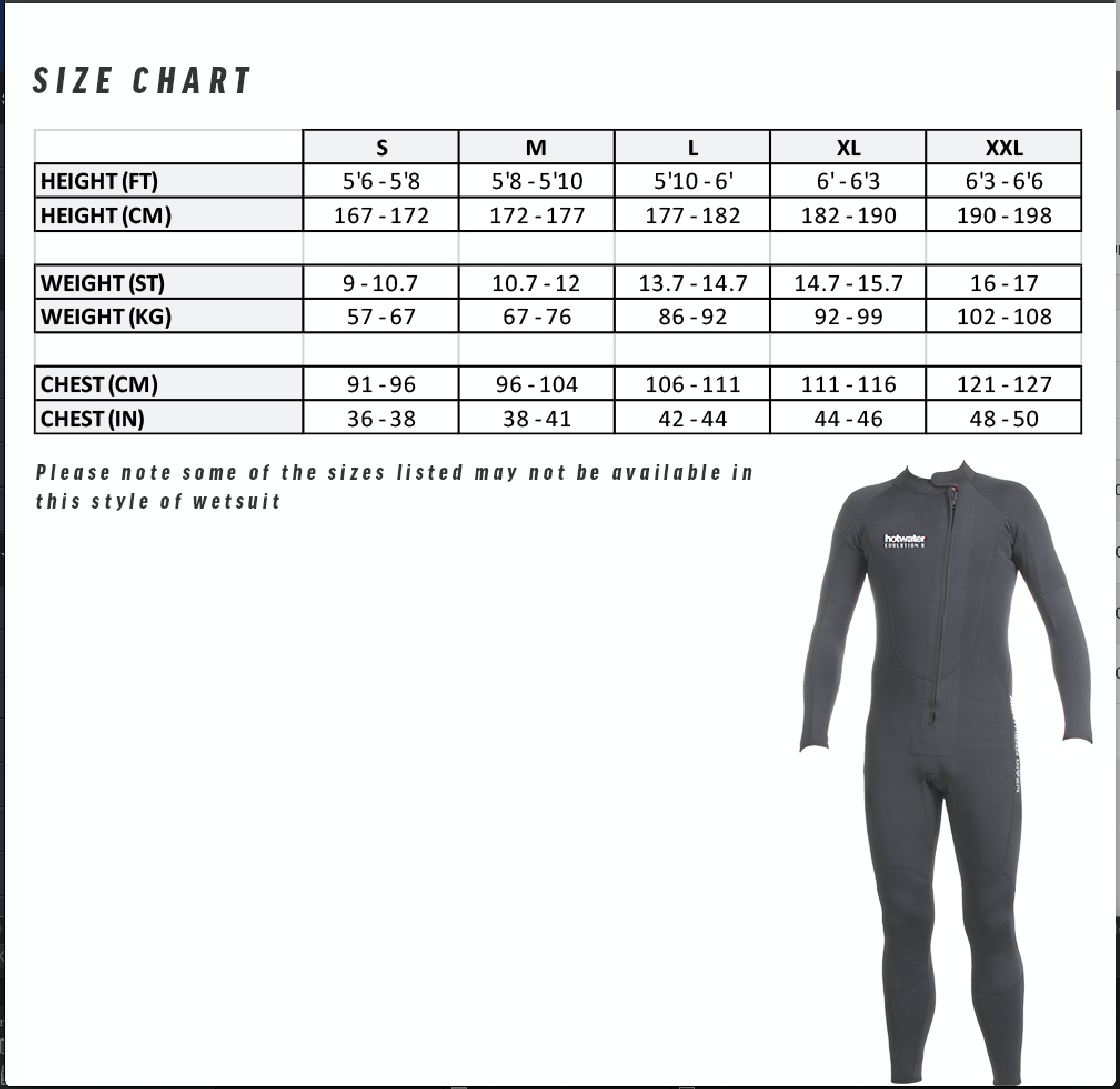 Hotwater Suit Size Chart