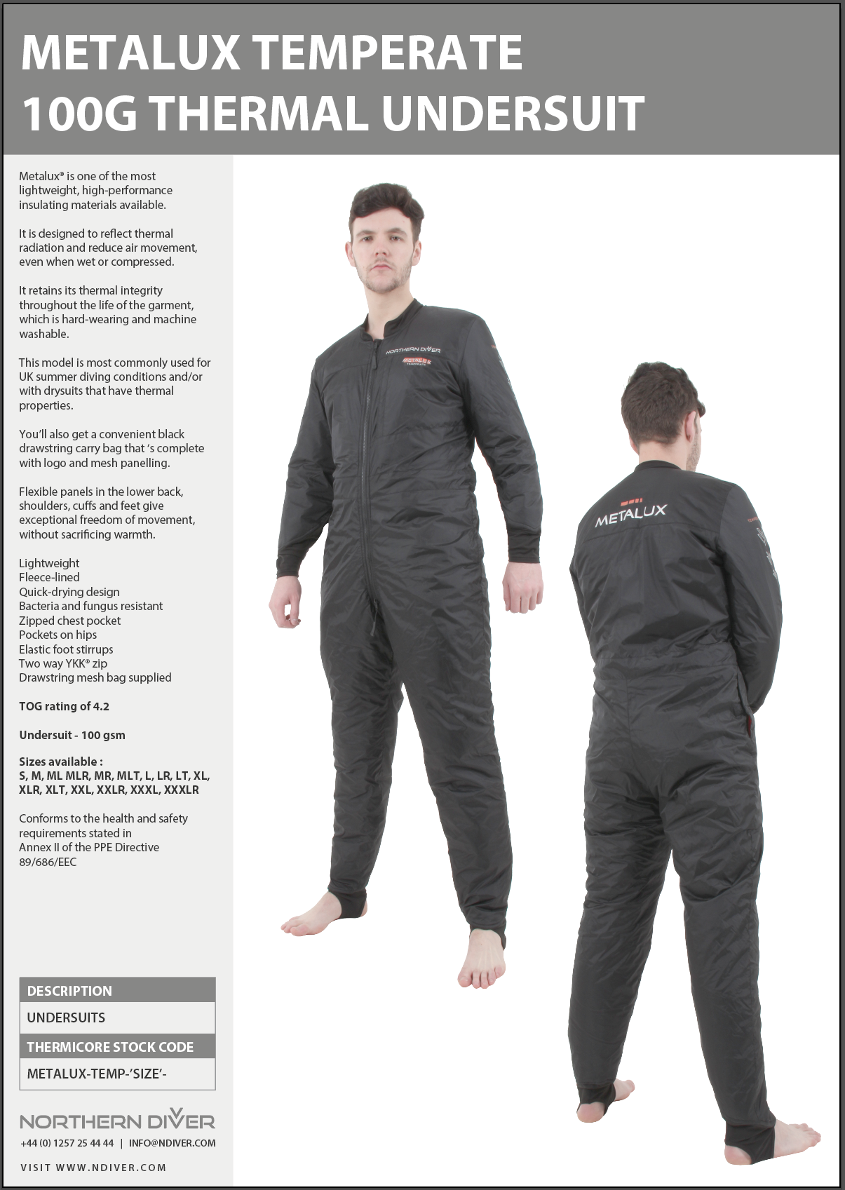 Metalux Temperate Undersuit Data Sheet