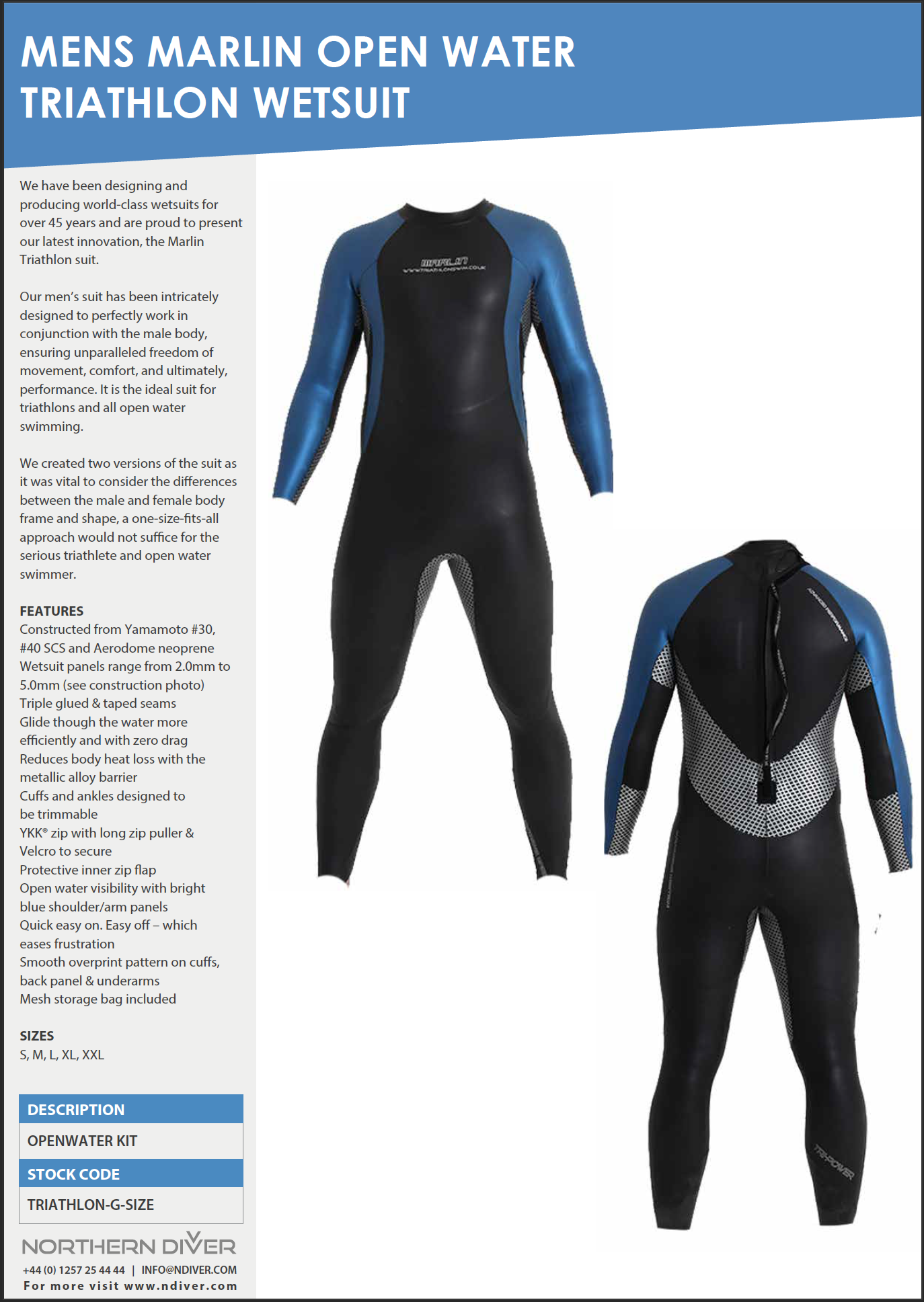 Mens Marlin Wetsuit Data Sheet