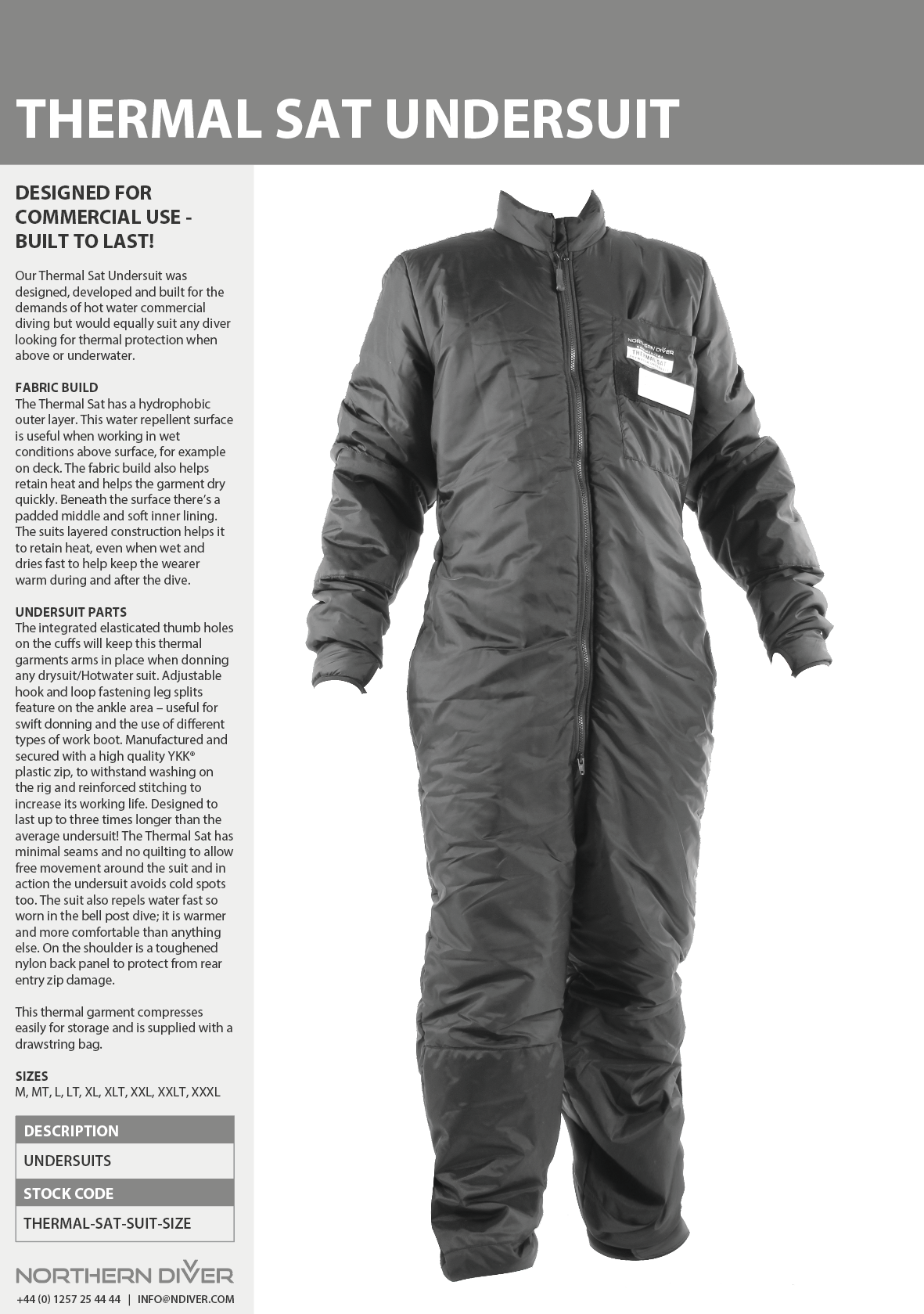 Thermal Sat Undersuit Data Sheet