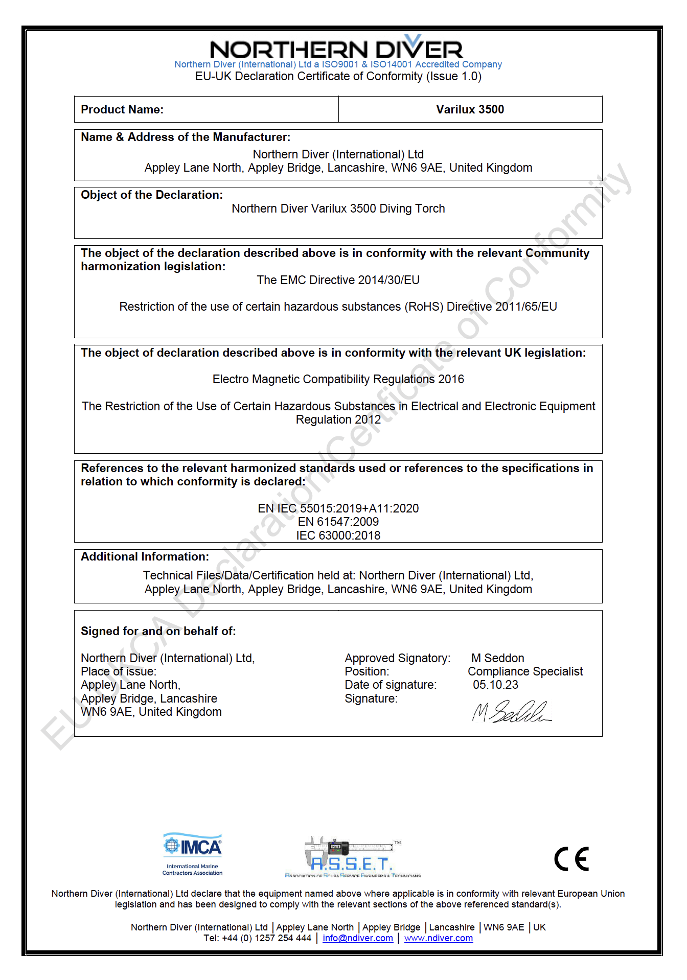 EU-CE Declaration Of Conformity Varilux 3500